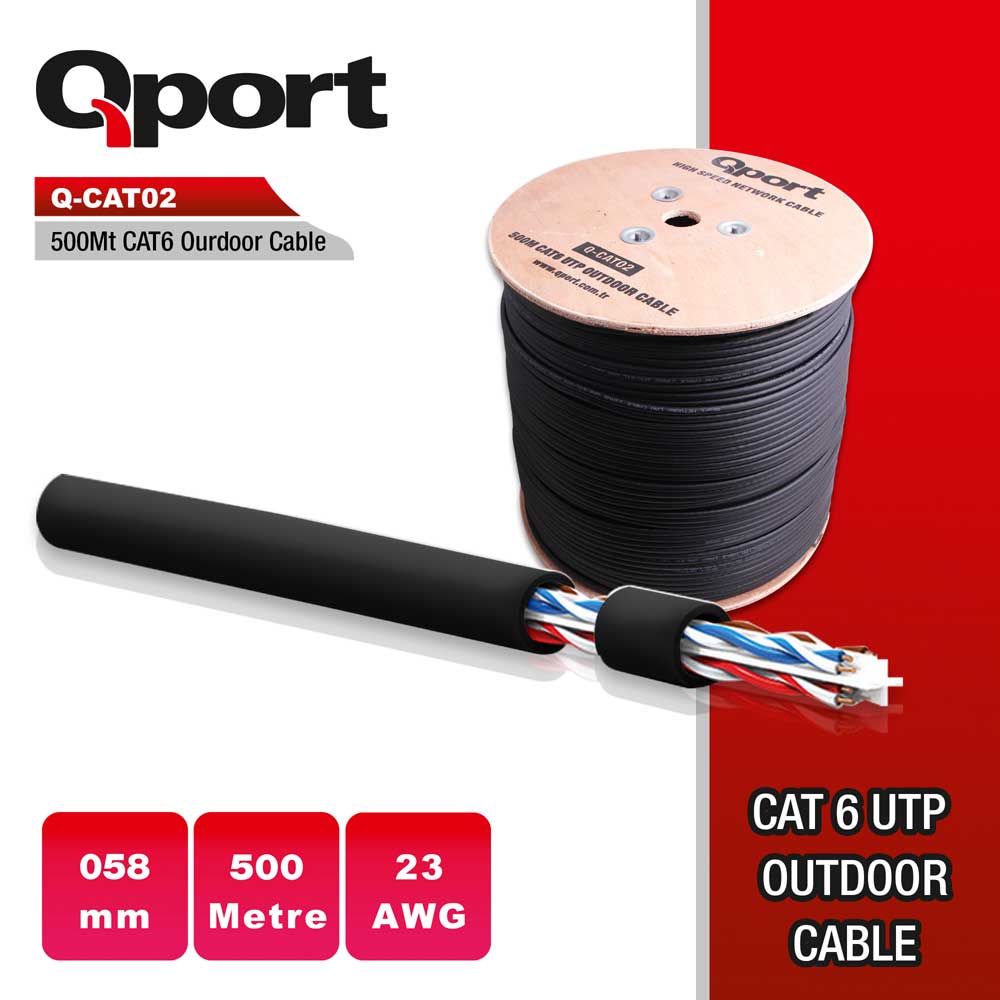 QPORT Q-CAT02 500MT UTP CAT6 OUTDOOR NETWORK Cable Black 23AWG 0.58MM