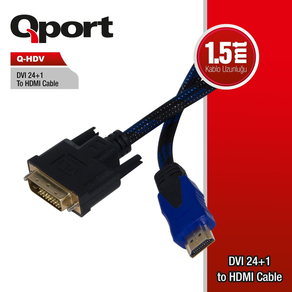 QPORT Q-HDV DVI 24+1 TO HDMI 1.5MT محول كابل