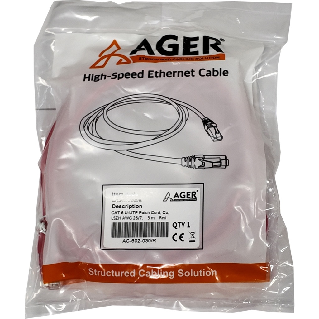 AGER AC-602-030 3 MT UTP CAT6 PATCH كابل أحمر Cu, LSZH AWG 26/7