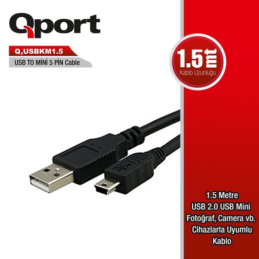 [11541] QPORT Q-USBKM1.5 USB 1.5MT GSM MICRO 5PIN Camera/DATA/ŞARJ Cable Black
