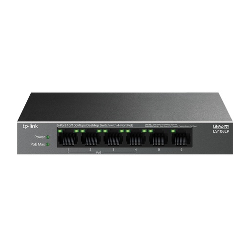 [21224] TP-LINK LS106LP 6 PORT 10/100 4 PORT POE+ غير قابل للإدارة DESKTOP SWITCH معدني صندوق الكمبيوتر
