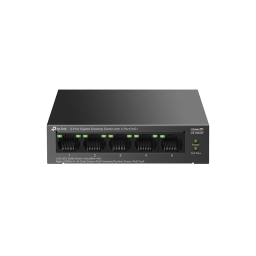 [21223] TP-LINK LS105GP 5 PORT 10/100/1000 4 PORT POE+ غير قابل للإدارة DESKTOP SWITCH معدني صندوق الكمبيوتر