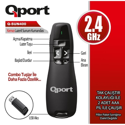 [22218] QPORT Q-SUN400 2.4 GHz Red LAZERLİ Wireless PRESENTER Black