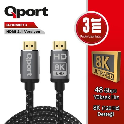 [22216] QPORT Q-HDMI213 HDMI كابل 3 MT 2.1V 8K مطلي بالذهب مجدول