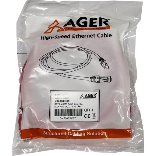 [22569] AGER AC-602-030 3 MT UTP CAT6 PATCH كابل أحمر Cu, LSZH AWG 26/7