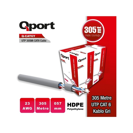 [23716] QPORT Q-CAT6Y 305 MT UTP PE CAT6 NETWORK كابل رمادي 23AWG 0.57MM